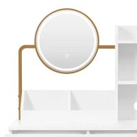 Toeletta trucco moderna con illuminazione a LED, specchio girevole, supporto per asciugacapelli e sgabello, 80x40x138,5 cm, Bianco(m-8)