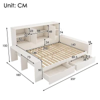 Cama com arrumação 140x200 cm, cama de dia com 2 gavetas em rodas, arrumação de 35 cm de profundidade com portas duplas, 237x183x100 cm, Branco(m-3)