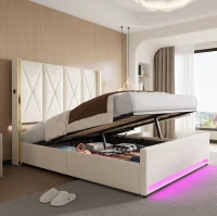 Letto contenitore vellutato con testiera imbottita e trapuntata e tasche laterali, 170x213x141 cm, Beige(m-6)
