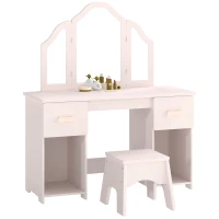 AIYAPLAY Coiffeuse pour Enfants avec Tabouret et Miroir à Trois Volets en Acrylique, 2 Tiroirs et 2 Placards, Rose(m-1)