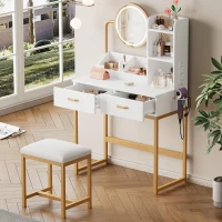 Toeletta trucco moderna con illuminazione a LED, specchio girevole, supporto per asciugacapelli e sgabello, 80x40x138,5 cm, Bianco(m-1)