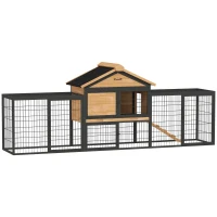 PawHut Konijnenhok 2 Niveaus Winterbestendig met Vrijloopren 217x53x86 cm, Geel(m-1)