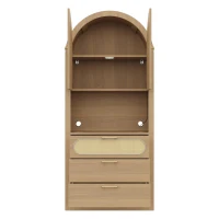 Mobile contenitore ad arco stile scandinavo con ante in rattan e sistema antiribaltamento, 80x35x180 cm, color legno(m-6)