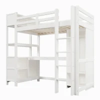 Cama alta 90x200 cm, grade de segurança para crianças a partir dos 6 anos, sem colchão, 232,5x100x189,5 cm, Branco(m-8)