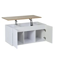 Table basse de salon relevable, deux portes de rangement et larges bords arrondis, 46x95x45 cm, Blanc(m-9)
