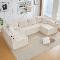 Sofá em U de veludo cotelê, com porta-copos integrado e bolso lateral, estofamento com molas, 320x155x88 cm, Bege(m-5)