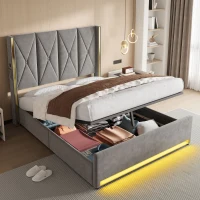 Cama de terciopelo con cabecero acolchado y capitoné, prácticos bolsillos laterales, para colchón 160L x 200AN cm, 170x213x141 cm, Gris oscuro(m-5)