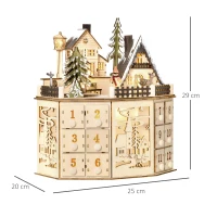 HOMCOM kerst adventskalender met 24 lades kerstkalender met LED verlichting adventskalender box MDF plaat naturel hout 25 x 20 x 29 cm(m-3)