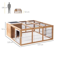 PawHut konijnenhok konijnenhok met ren klein dierenhok dak kan geopend worden waterdicht multifunctioneel dennenhout naturel 123 x 120 x 52 cm(m-3)