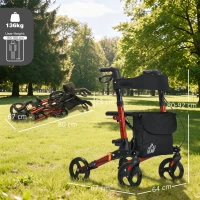 HOMCOM 4 Wheel Rollator with Seat and Back, Folding Mobility Walker with Carry Bag, Adjustable Height, Dual Brakes, Cane Holder, Lightweight Aluminium Walking Frame for Seniors and Disabled, Red(m-3)