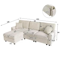 Canapé moderne avec pouf, fonction de charge à double port, incl. 2 coussins carrés, coussins d'assise amovibles, 223x146x84 cm, Beige(m-3)