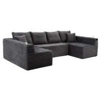 Divano a U in velluto a coste con portabicchieri integrato e tasca laterale, imbottitura a molle, 320x155x88 cm, Grigio scuro(m-6)