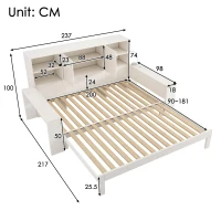 Cama com arrumação 90x200 cm, cama de hóspedes extensível 180x200 cm, 3 prateleiras reguláveis em altura, 237x133x100 cm, Branco(m-3)