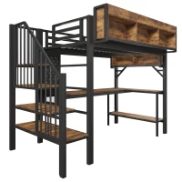 Cama alta 90x200 cm com secretária de canto, muito espaço de arrumação & placa perfurada, régua de tomadas integrada, 255x114x182 cm, Castanho+Preto(m-6)