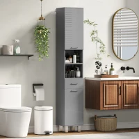 kleankin Badezimmerschrank, Badkommode, mit Regalen und Schublade, verstellbar, Grau(m-10)