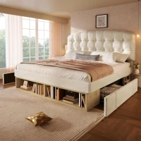 Cama de casal 140x200 estofada com estrado de ripas, cabeceira curva regulável em 3 alturas, sem colchão, 207x151x120 cm, Bege(m-5)