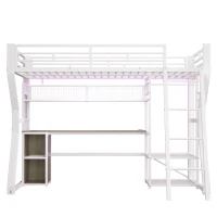 Letto a soppalco per materasso 90x200 cm con scomparti portaoggetti e spazio inferiore LED aperto, 204x131.5x180 cm, Bianco(m-2)