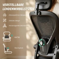 HOMCOM Bürostuhl Ergonomischer Schreibtischstuhl mit Hochklappbaren Armlehnen, Verstellbarer Lendenwirbelstütze Schwarz(m-5)