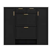 Scarpiera moderna con ripiani regolabili, 2 cassetti e maniglie dorate, 120x24x107 cm, Nero(m-2)