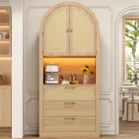 Mobile contenitore ad arco stile scandinavo con ante in rattan e sistema antiribaltamento, 80x35x180 cm, color legno(m-4)
