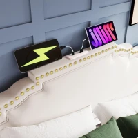 Cama estofada 180×200, cama com 4 gavetas de arrumação, iluminação LED ambiente integrada, 214x189x120 cm, Bege(m-9)