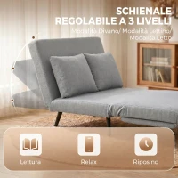 HOMCOM Divano Letto 2 Posti 3 in 1 in Tessuto Effetto Lino con 2 Cuscini, Struttura in Legno e Acciaio, Grigio Chiaro(m-5)