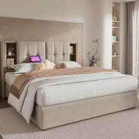 Letto contenitore con testiera portaoggetti, 206x185x100,5 cm, color legno(m-1)