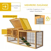 PawHut Konijnenhok 2 Verdiepingen Tannenhout Winterbestendig Dubbeldeks met Vrijloopgehege Helling 150x52x68 cm Geel(m-5)