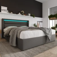 Letto contenitore matrimoniale con leva idraulica e rivestimento in ecopelle PU, 202x166x107.5 cm, Grigio(m-1)