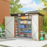 Outsunny Abri de Jardin en Métal 3 m² Facile à Monter, Cabane de Jardin Structure en Acier Galvanisé Améliorée, Chêne(m-2)