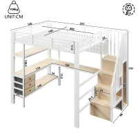 Lit mezzanine 140×200 cm, étagère intégrée et 3 tiroirs, sans matelas, 251x146x170 cm, Blanc(m-3)