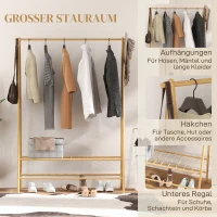 HOMCOM Bamboe Kledingrek met Schoenenrek en Haken, Vrijstaand, voor Entree, Slaapkamer, Natuurlijk Hout(m-4)