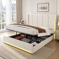 Cama de terciopelo con cabecero acolchado y capitoné, prácticos bolsillos laterales, apta para colchón 180x200 cm, 190x213x141 cm, Beige(m-5)