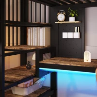 Letto a soppalco 90x200 cm con scrivania angolare, spazio contenitore e ciabatta integrata, 255x164x182 cm, Marrone e Nero(m-9)