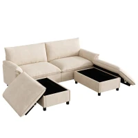 Divano a U con pouf poggiapiedi flessibile e vano portaoggetti nascosto, 216x77x82 cm, Beige(m-6)