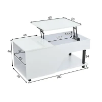 Table basse réglable en hauteur avec rangement caché, compartiments latéraux réglables, 50x100x46 cm, Blanc(m-3)