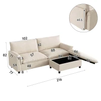 Divano angolare modulare con pouf poggiapiedi flessibile e vano portaoggetti nascosto, 216x77x82 cm, Beige(m-3)