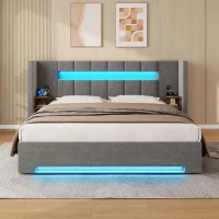 Struttura letto in velluto con striscia LED e comodini integrati, 245x212x103 cm, Grigio Scuro(m-1)