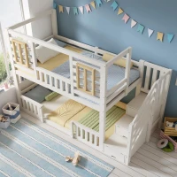 Cama de beliche estilo cabana, escada com armário e arrumação, 2 áreas de dormir de 90X200 cm cada, 254x95x170 cm, Branco(m-4)