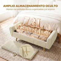 HOMCOM Banco Almacenaje 150 cm Tapizado en Pana Banco Pie de Cama con Brazos Redondeados y Patas de Madera Beige(m-5)