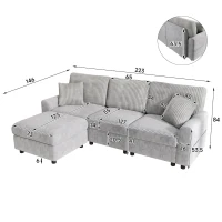 Divano moderno con pouf poggiapiedi, ricarica laterale doppia e 2 cuscini quadrati, 223x146x84 cm, Grigio(m-3)