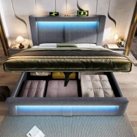 Letto matrimoniale 140x200 cm con leva idraulica, struttura in metallo con rete a doghe in legno, 217x143x107 cm, Grigio(m-6)