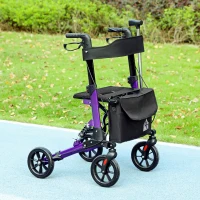 HOMCOM Folding Rollator Walker with Seat, Backrest, Lightweight Walking Frame with Storage Bag, Dual Brakes, Adjustable Handle Height, Suspension System, 4 Wheeled Walker for Seniors, Purple(m-2)