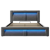 Letto matrimoniale contenitore 140x200 cm con leva idraulica, testiera LED e 4 porte di ricarica, 217x143x107 cm, Grigio(m-6)