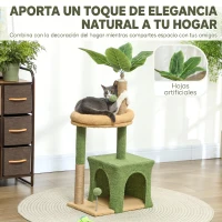 PawHut Árbol Rascador para Gatos 98 cm con Hojas Artificiales Cueva Cama Postes Rascadores 2 Bolas Cubierto Terciopelo Verde(m-4)