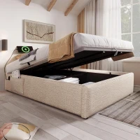 Cama estofada Cama de casal 160×200 cm, Cama com arrumação e pistões hidráulicos silenciosos, sem cabeceira, 202x161x29 cm, Bege+Cor natural(m-5)
