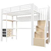 Letto a soppalco con ripiani portaoggetti e scala contenitore, 251x96x170 cm, Bianco(m-8)