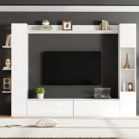 Mobile TV 4 pezzi con vetrina e ripiani aperti pe salotto, 228x30x170 cm, Bianco(m-5)