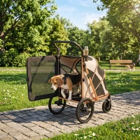 PawHut Carrito para Perros Plegable hasta 20 kg con Ruedas Grandes Suspensión y Freno Ventanas de Malla Cojín Marrón Claro(m-8)