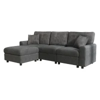 Divano moderno con pouf poggiapiedi, ricarica laterale doppia e 2 cuscini quadrati, 223x146x84 cm, Nero(m-6)